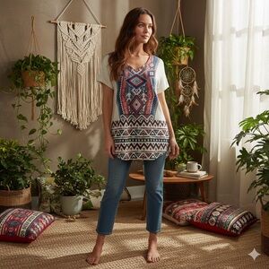 Sage USA BOHO, Short Sleeve, Aztec Blouse Medium